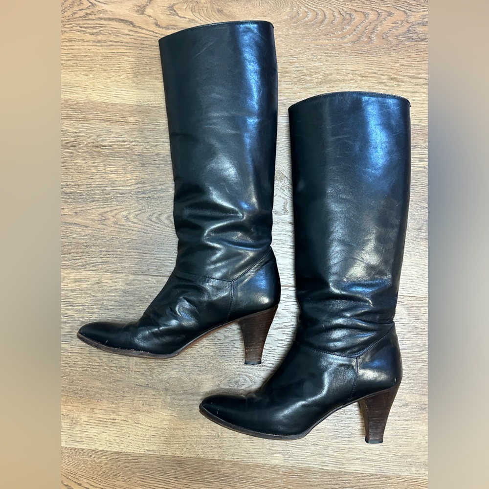 Vintage GUCCI Black Leather Wood Heel Knee Boots 29946 6035 Sz 38 Made in Chile - Picture 2 of 11